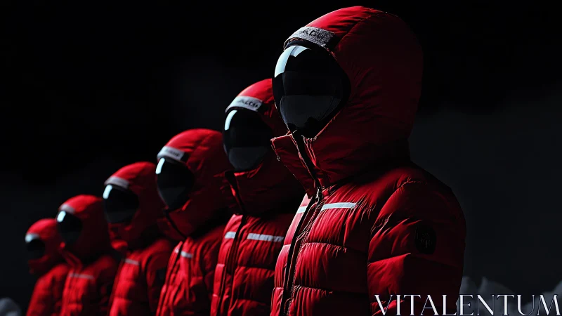 Crimson cosmonaut parkas line up like a silent lunar parade