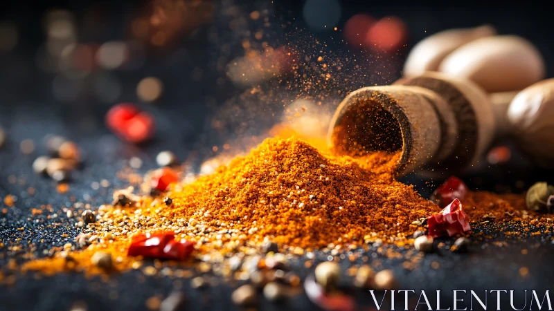 Granular spice cascade with dynamic particulate dispersion.