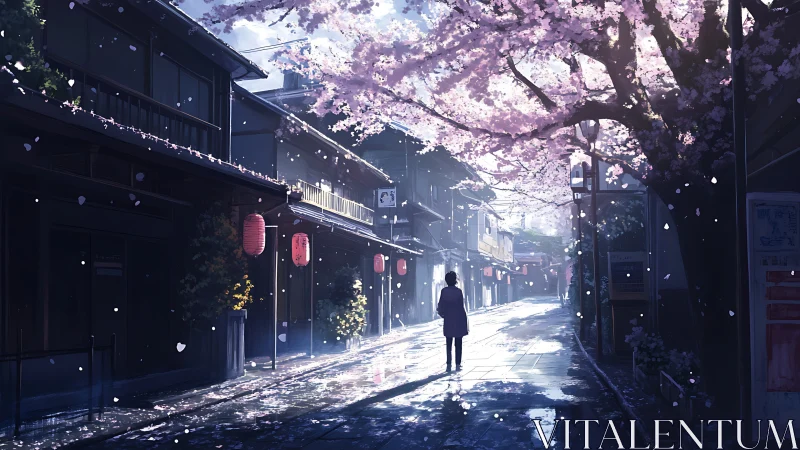 Solitary figure walks under glowing cherry blossoms at dawn.