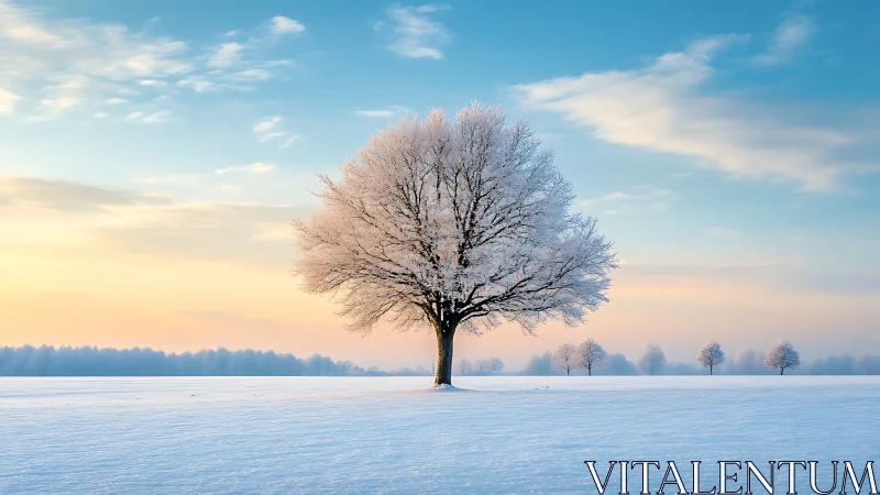 Solitary frost-covered tree anchors a tranquil winter horizon