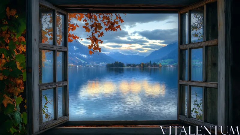 Open wooden window frames calm mountain lake at dusk