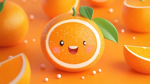 Playful kawaii orange character in glossy 3D render.
