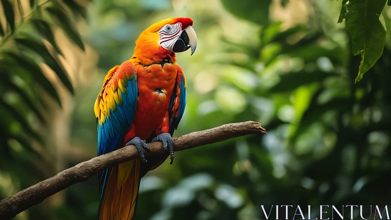 Vibrant Scarlet Macaw Perched on Branch in Lush Jungle Setting.