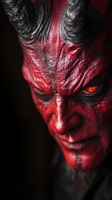 Demonic red face glows under dramatic, shadowy lighting.
