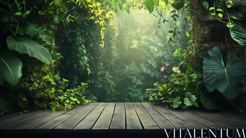 Wooden platform overlook of dense green forest vegetation.