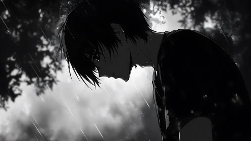 Backlit anime profile in high-contrast monochrome rainfall scene