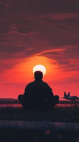 Silhouetted observer aligns with sunset disk near airfield runway