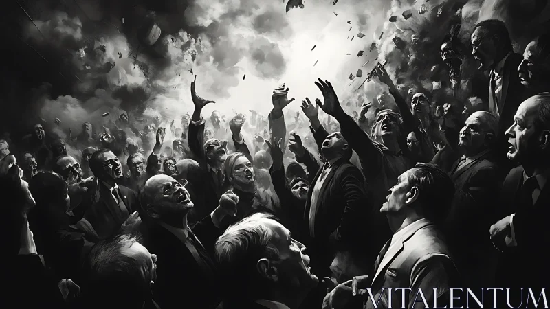 Monochrome corporate crowd tableau with dramatic chiaroscuro lighting.