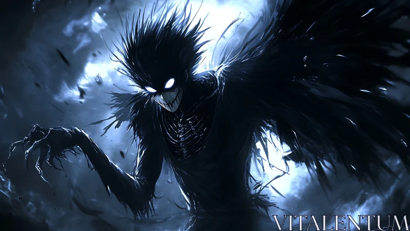 Moonlit raven wraith grinning through stormlit midnight sky.