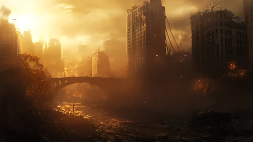 Golden light over a quiet, crumbling city after the storm.