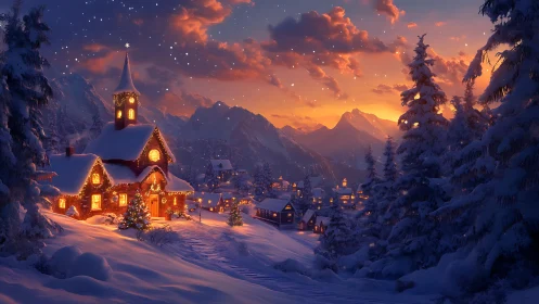 Snow-laden alpine village glows under warm volumetric sunset sky
