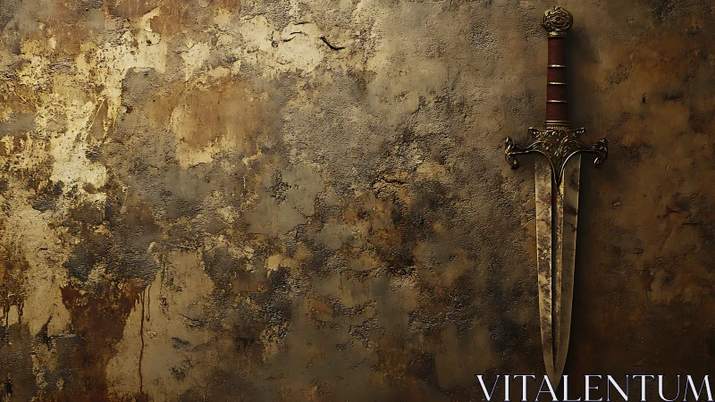 Photorealistic ornate sword on distressed bronze wall.