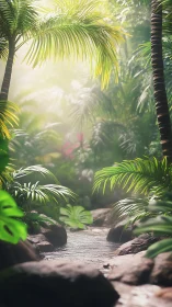 Sunlit tropical creek flows between rocks and palm fronds