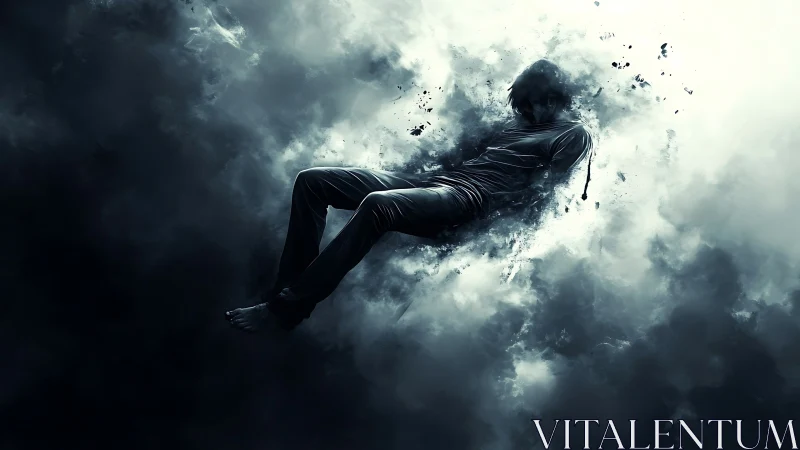 Figure suspended in dense monochrome smoke dispersion field