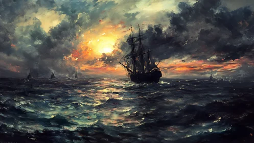 Storm-lit tall ship crosses a dramatic burning horizon.