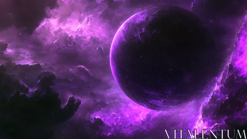 Digital painting of violet nebula and eclipsed exoplanet sphere.