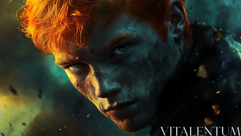 Battle-worn red-haired youth stares forward in harsh light