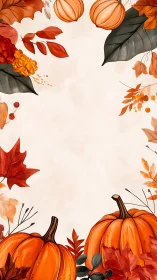 Warm autumn pumpkins framing seasonal foliage border.