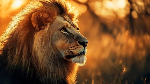 Majestic lion portrait glows under warm golden sunset light
