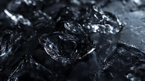 Close-up of Shiny Ice Cubes on Wet Surface, Dramatic Lighting.