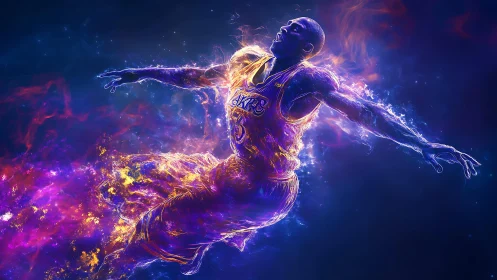 Luminous basketball icon soaring through cosmic flames.