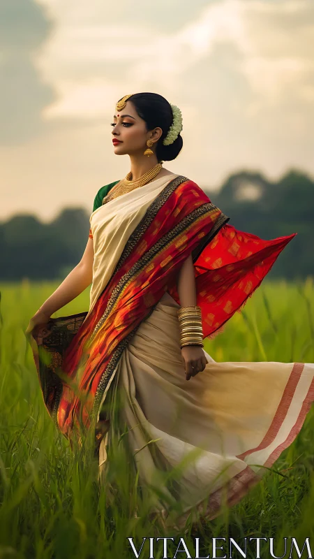 Monsoon meadow muse in swirling cream and ember sari grace.