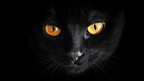 Black Cat's Golden Gaze Pierces the Velvet Darkness Intensely
