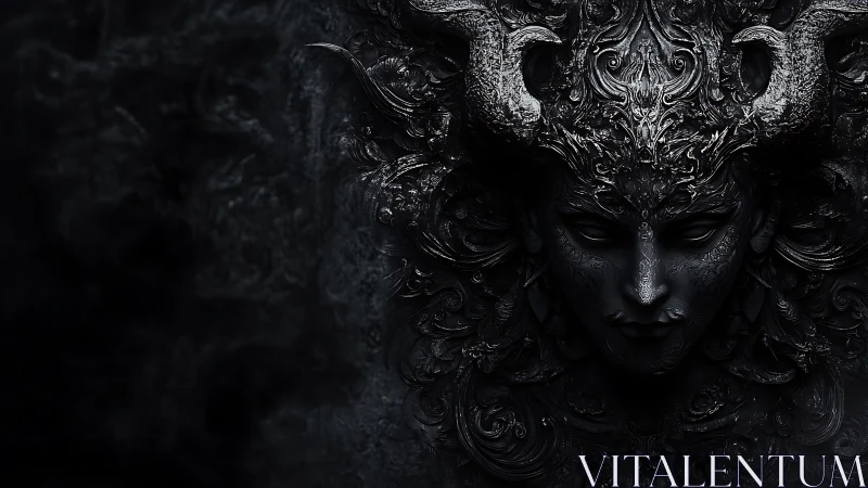 Horned obsidian deity emerges from baroque darkness