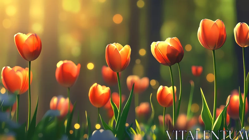 Red tulips backlit by golden sunlight in garden setting