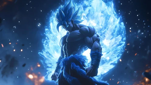Muscular blue-haired warrior stands before luminous energy sphere