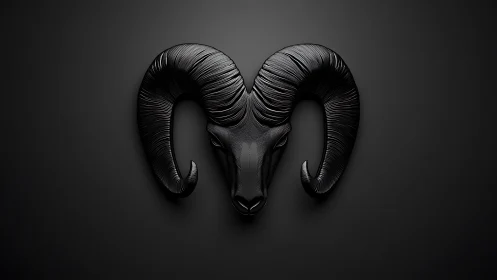 Sculpted black ram emblem with curved horns on matte field.