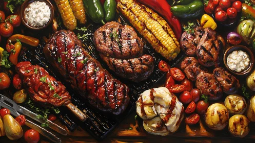 Sizzling feast of grilled meats and garden vegetables in color.