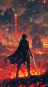 Lone warrior gazes over a burning fantasy city in dusk.