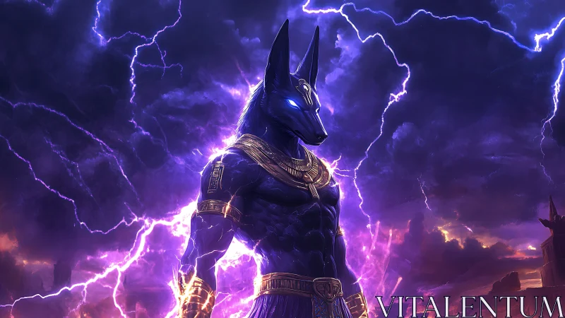 Mythic jackal deity in charged violet storm-lit atmosphere.