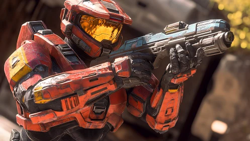 Armored space soldier aims rifle under harsh golden light.