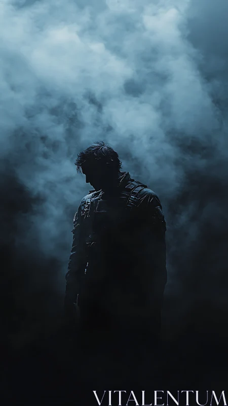 Silhouetted lone figure in dense cinematic blue fog.