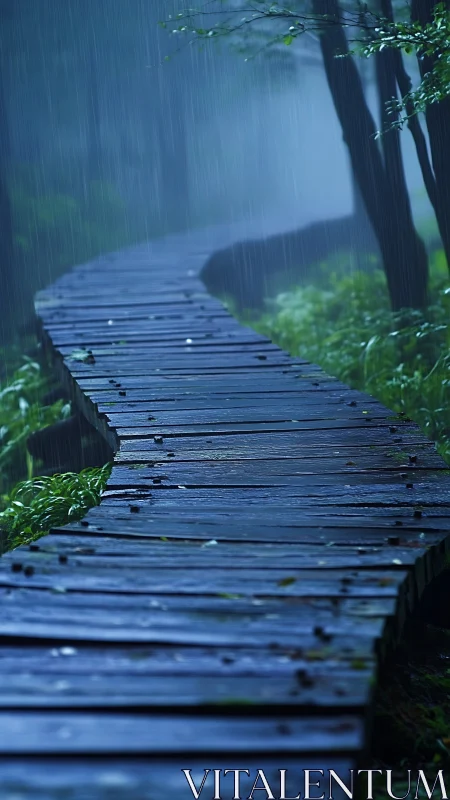 Curved wooden boardwalk in misty blue forest rainstorm.