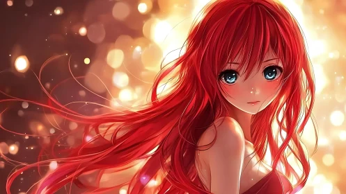Red haired anime girl against defocused light background.