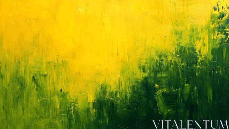 Abstract yellow and green oil painting with textured brush strokes.