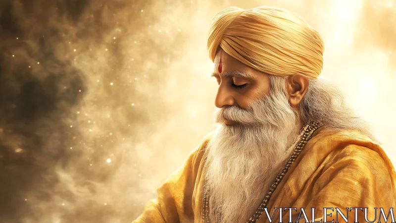 Golden sage in cosmic hush, wrapped in luminous serenity.