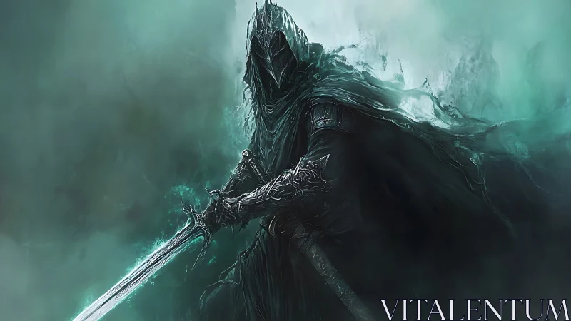 Dark wraith knight holds glowing sword in spectral fog