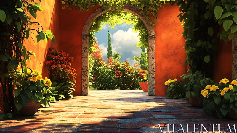 Mediterranean courtyard with archway and flowering plants.