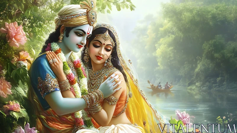 Divine riverbank embrace in jeweled hues of eternal love.