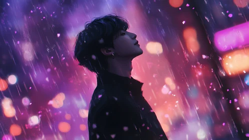 Dreamy night rain with a quiet soul in neon glow.