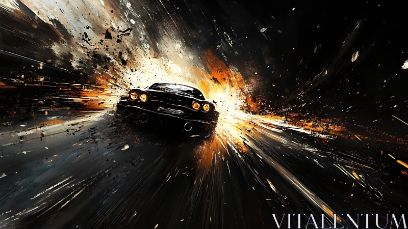 Sports car silhouette traverses abstract radial light field