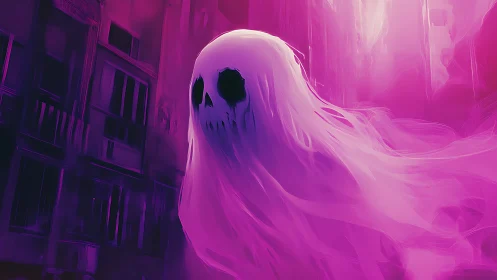 Pink ghost drifting through neon haunted city street.