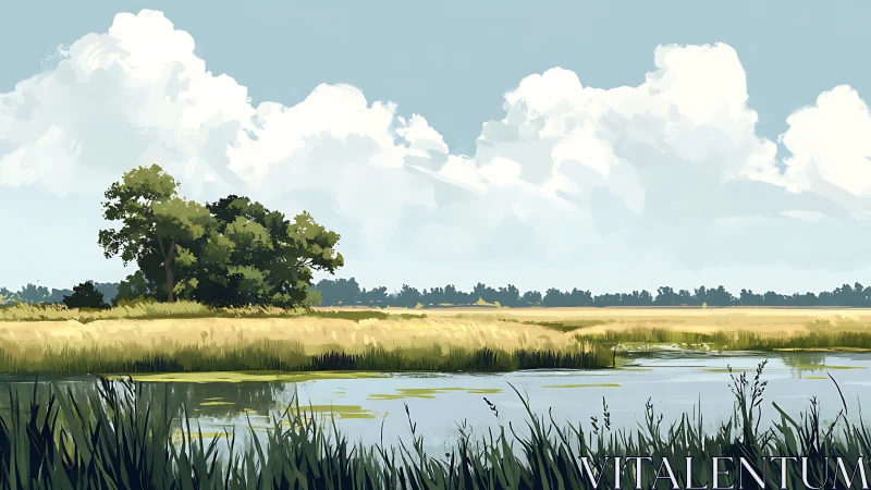 Marshland pond with distant trees under cloud-filled sky.