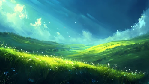 Luminous valley landscape with dynamic brushwork and layered light