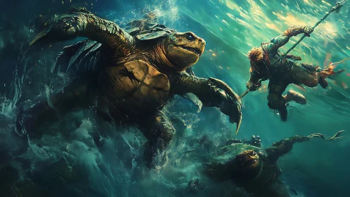 Warrior rides colossal sea turtles through storm surge.