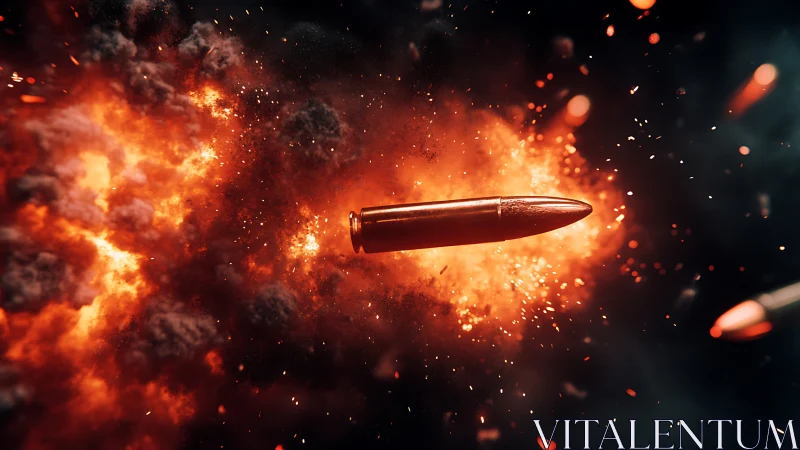 Bullet streaks through fiery explosion in dramatic slow motion.